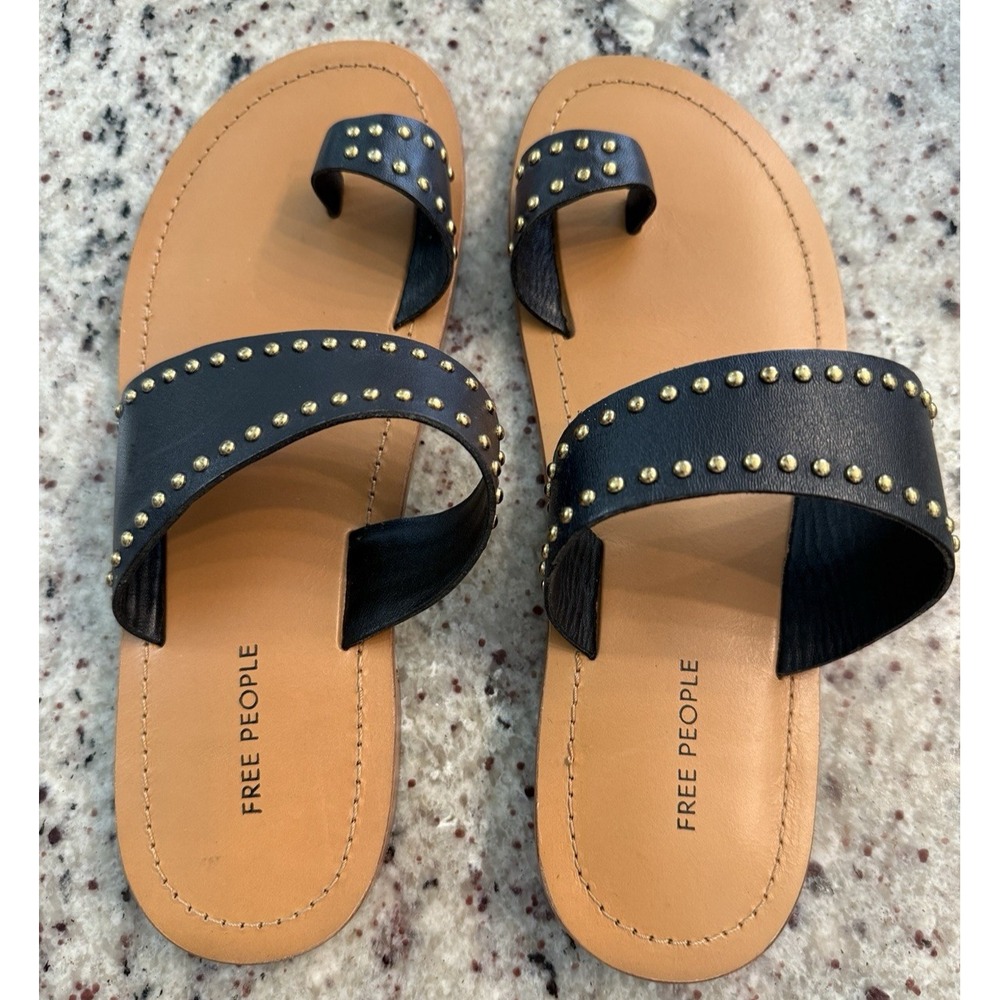 Free People Amelie Tiny Stud Sandals in black leather with gold studs Size 8